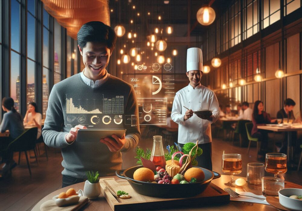Una escena moderna y elegante que representa el concepto de este market place de restaurantes y proveedores